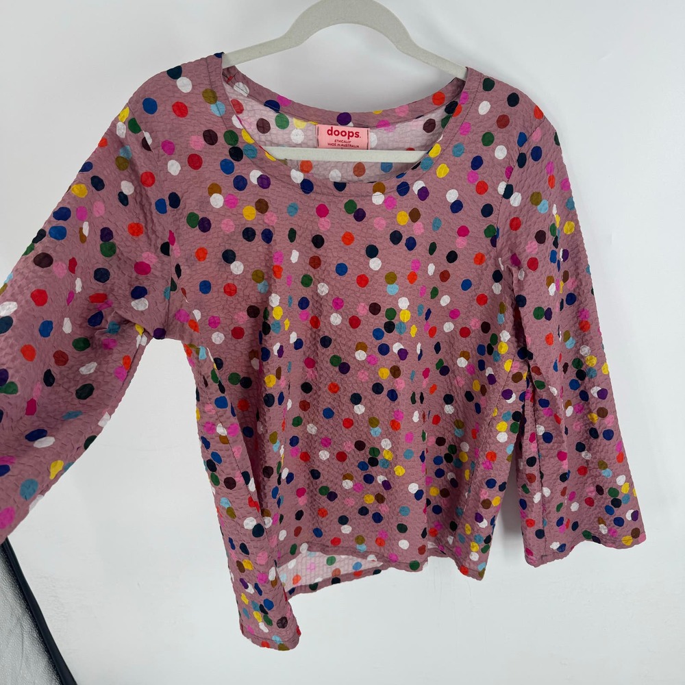 Doops. Australia Pink Polka Dot Multicolor Print Flowy Top Size Large - Picture 6 of 7